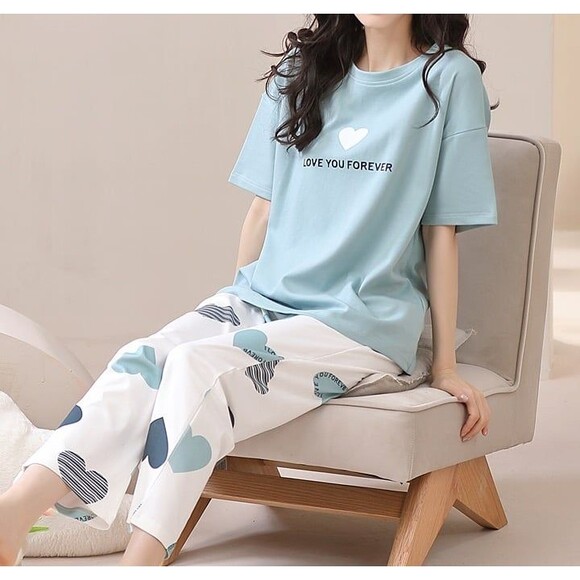 Cotton Women’s Pajama Set 2 Pcs Short Sleeve Pullover Top Sleepwear Long PJ Pant - Picture 9 of 10